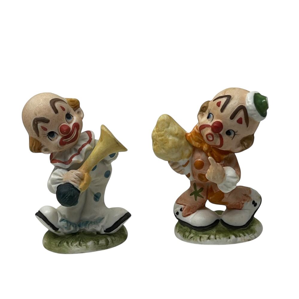 Pair Vintage Lefton Figurines #2356 - Hand Painted Clowns with Ice Cream & Horn